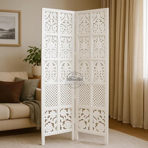 Image of Wooden Room Divider Screen, Carved,Decorative Handcrafted Privacy Screen Separator Wall Divider | Folding Partition with Floral & Jaali Design (White, 2 Panel)