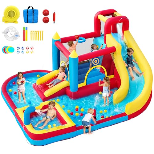 GYMMALL Château Gonflable pour Enfants, 8-en-1 avec Souffleur 480W, Long Toboggan, Mur d'escalade, Trampoline et Pataugeoire, idéal pour Les Loisirs...