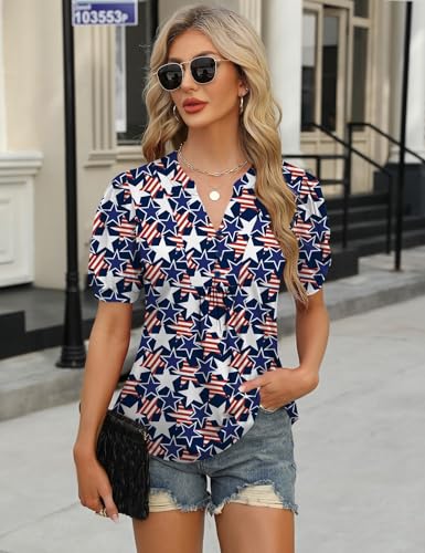 Image of IECCP Womens Tops Puff Short Sleeve Shirts Dressy Casual Henley V-Neck Summer Tops Pleated T-Shirts Loose Fit Tunic Blouses