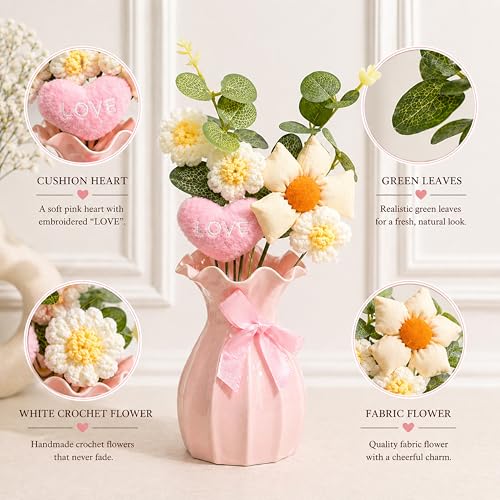 Image of Art Street Handmade Crochet Flower Vase with Love Heart Cushion | Artificial Knitted Flowers & Fabric Daisy with Green Leaves | Decorative Pink Vase with Ribbon for Birthday, Anniversary, Valentine