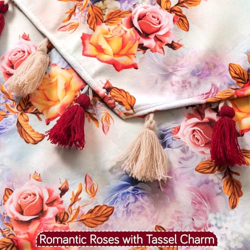 Image of HOKIPO Premium Sofa Backrest Cover Mat | Printed Holland Velvet with Tassels | 'Whispers of Nature' Vintage Rose Bloom (IN-1116-D12)