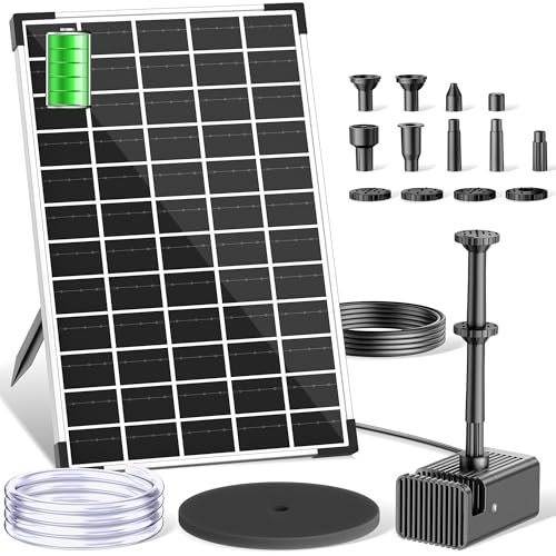 Biling 12W Solar Springbrunnen für außen mit 5000 mAh Akku 10 Fontänenstilen 300L/H Solarbrunnen für Draussen Gartenteiche Vogel-Bad Schwimmende mit Wasserleitung DIY Solar Wasserspiele