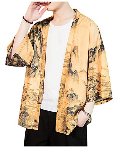 LifeHe Men's Japanese Printed 3/4 Sleeve Kimono Cardigan Shirts Open Front Jackets (Brown, M)