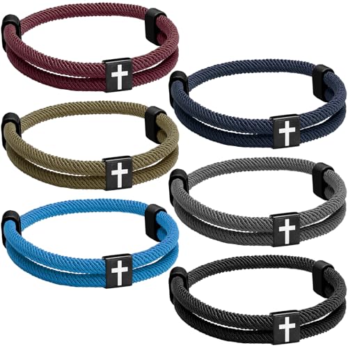 Landical 6 Pcs Braided Cross Bracelet Adjustable Rope Christian Religious Gift WWJD Jesus Bracelet for Men Women Prayer Wristband(Deep Color)