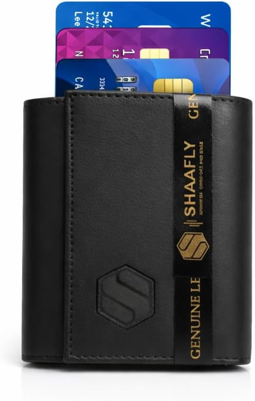Top Grain, Real Leather Wallet for Men, Metal Case, Smart Slim Pop Up Credit Card Holder Flip, RFID Blocking, Gift Box (Trifold Wallet Black)