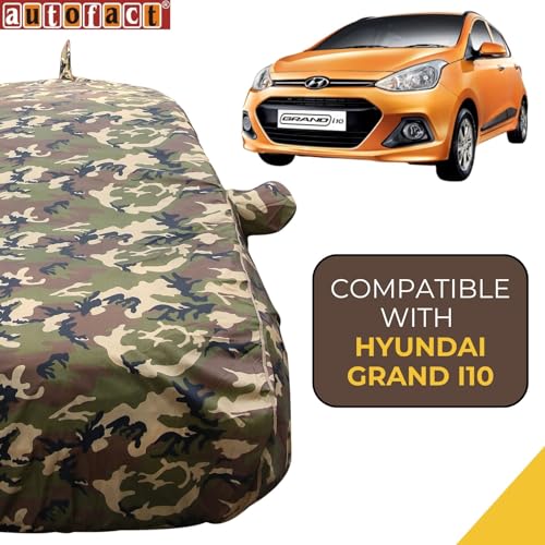 Image of Autofact 100% Waterproof Car Body Cover Compatible with Hyundai Grand I10 (2013 to 2019), with Mirror and Antenna Pockets,4x4 American Matty, Long Lasting Material, Camouflage Army Look