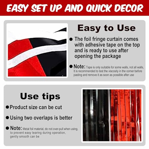 Image of 3 Pack Black and Red Foil Fringe Curtains Backdrop, 3.28 x 9.8 Ft Metallic Streamers Tinsel Curtains Background for Photo Booth, Birthday, Halloween, Christmas, New Year Party Decorations