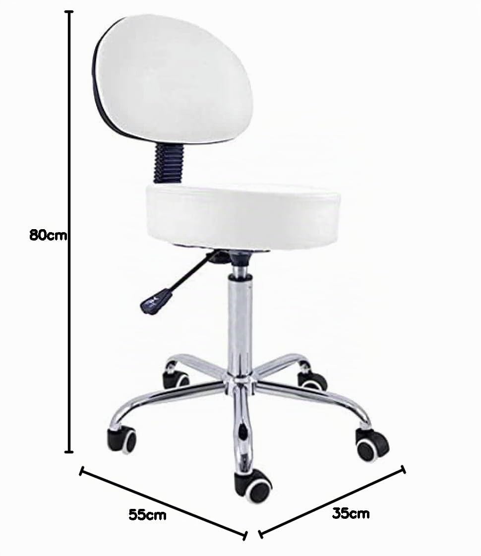 QUIRUMED Taburete con Respaldo, Base cromada, 5 Ruedas y elevación a Gas, Color Blanco, Estructura metálica, Polipiel, Relleno Alta Densidad, Altura Regulable, hasta 150 kg