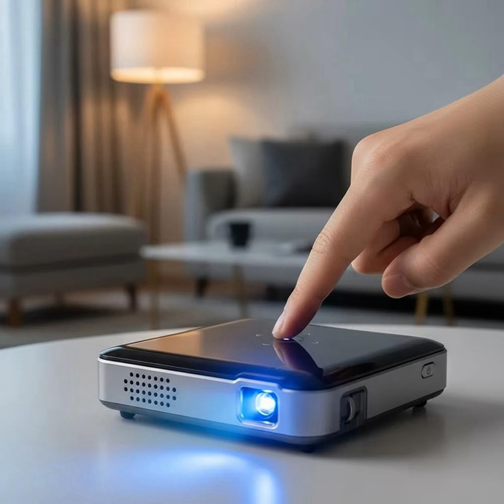 Proyector de Bolsillo DLP con Batería Integrada, Función Mirror Stream Desde Teléfono iOS o para Android, Proyector Inalámbrico Portátil para Exteriores, Enchufe Europeo