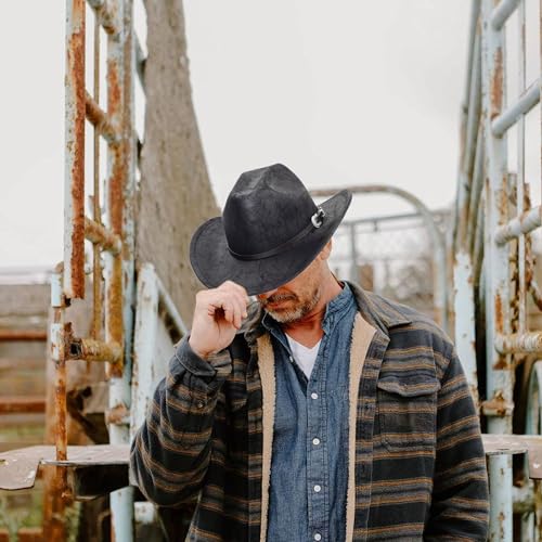 Image of Western-Cowboy-Hats for Women Men - Classic Wide Brim Felt Fedora Unisex Upturn Bull Head Cowgirl Caps with Buckle Belt