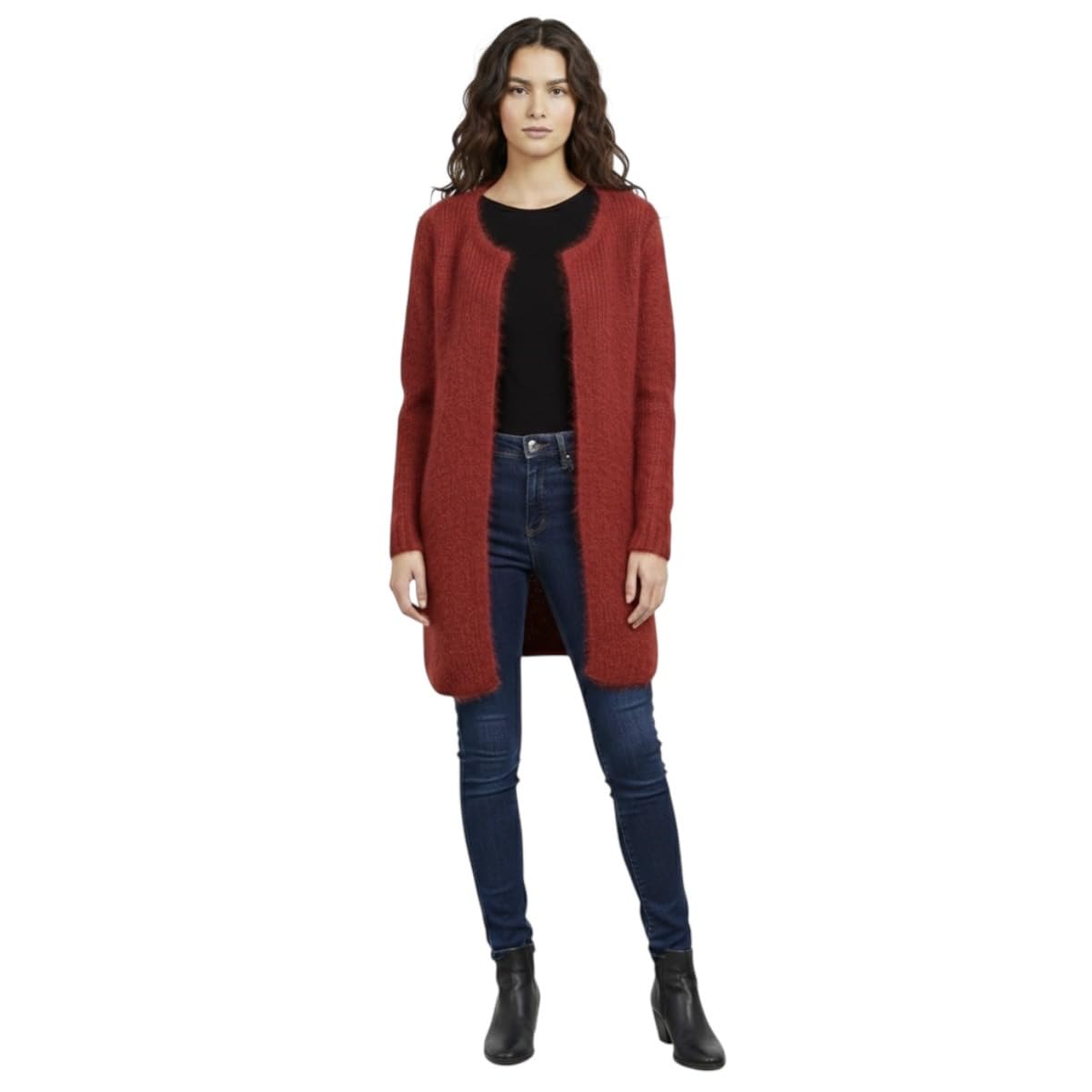 Women Red Longline Single Piece Fluffy Knit Open Front Cardigan for Winter Layering-picture-37