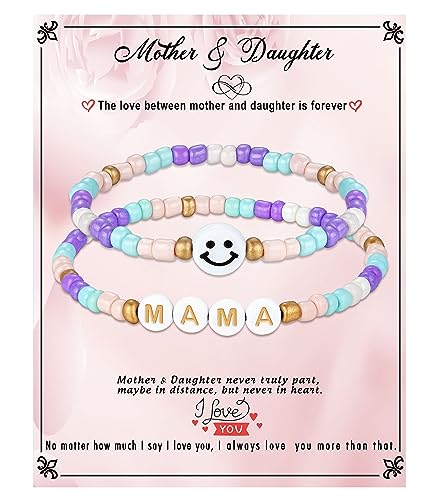 First Day of School Gifts Matching Bracelets for Women Girls Mother and Daughter Beaded Bracelet Multicolor Bead Stretch Back to School Gift I Love You Engraved Christmas Birthday Jewelry