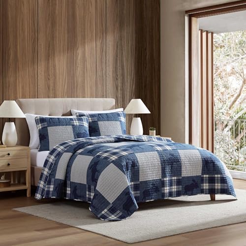 Image of Eddie Bauer - Twin Quilt Set, Naturally Soft Cotton Bedding w /a Lightweight Feel for All-Year Comfort, Reversible w /Matching Pillowcase, 2 Piece Bed Set (Moose Plaid /Pinstripe /Patchwork Blue)