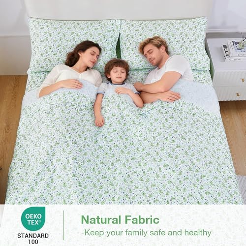 Image of Softan Green Floral Twin Sheet Set, 3-Piece Cozy Botanical Microfiber Printed Fitted Bed Sheet with 15 inch Deep Pockets & Non-Slip Straps, Fresh Greenery Blooms Patterned Sheets & Pillowcase Set