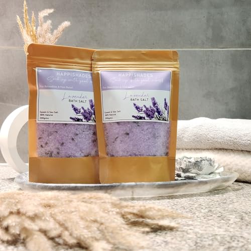 Image of Happishades Bath Salt | For Body & Foot Spa, Calming, Relaxing, Muscle Aches Pain Relief, Aromatherapy | Pure & Natural Epsom, Sea Salt & Essential Oils - 200 grams (Lavender x 2)