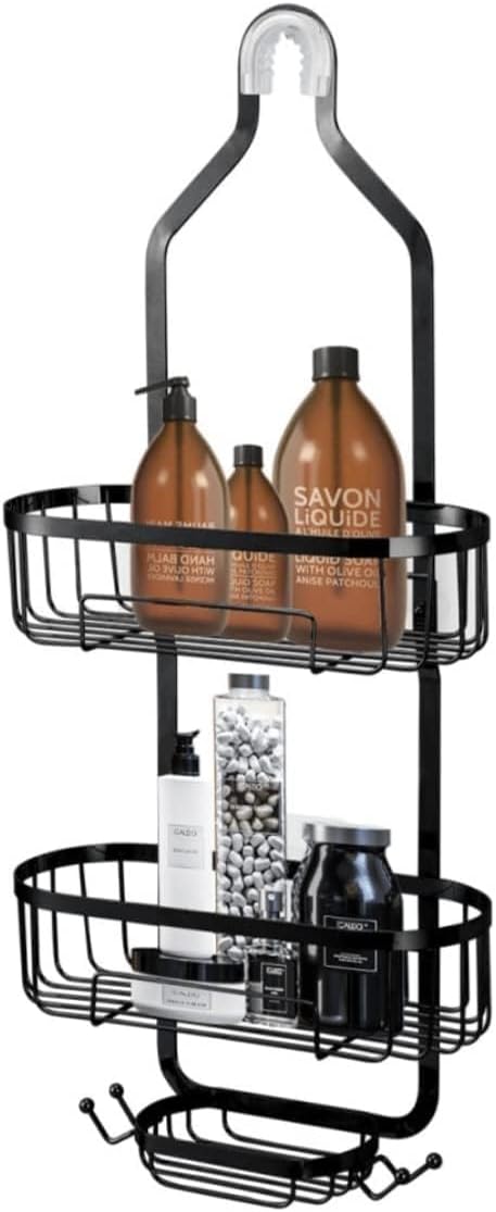 Bathroom Hanging Shower Organizer, Over Head Shower Caddy Basket with Hooks for Razor and Sponge, Rustproof, Anti-Swing (Black)