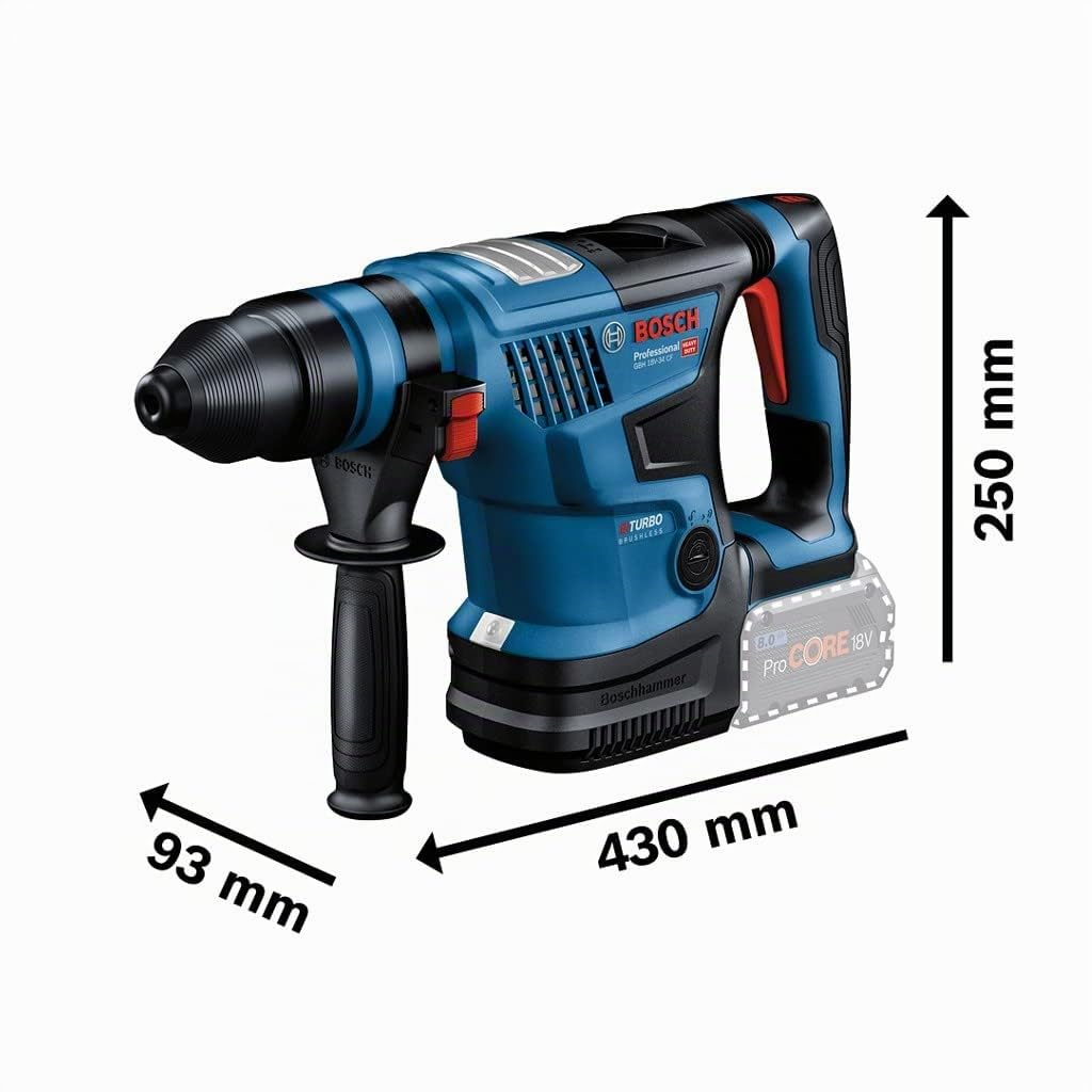Bosch Professional 18V System martillo perf. BITURBO batería GBH 18V-34 CF (con mód. Bluetooth GCY 42, emp. aux., prof. retráctil, SDS plus, port. cam, ráp. 13 mm, tubo grasa, malet., sin bat./carg.)