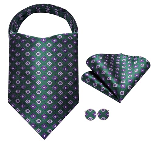 Image of Hi-Tie Silk Ascot for Men Self Tie Men's Cravat and Flower Lapel Pin Handkerchief Cufflinks Set for Wedding Party