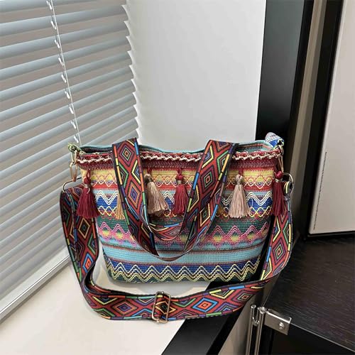 boho western crossbody bags for women, boho hippie handbag tote bag, fringe colorful multi color canvas purse3