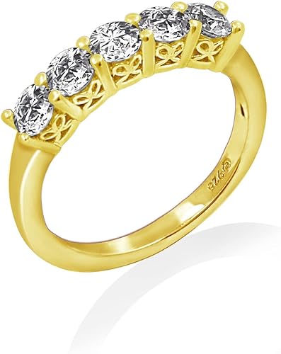 Tienda Collection Anillo de plata de ley chapado en platino o oro de 5 piedras de corte redondo hecho con circonita infinita de elementos