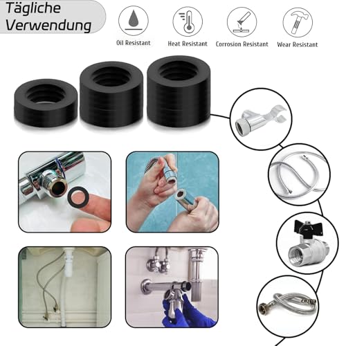 Dichtungen Sanitär,60 Stück Dichtungsringe Unterlegscheiben,Gummi Flachdichtung Set für Wasserrohr Dusche Schlauchköpfe Ersatz,Wasserhahn,Dichtung Duschkopf,Brauseschlauch,Flasche - 1, 1/2, 3/4