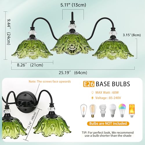 Image of Black Bathroom Vanity Light,3-Light Vanity Light with Floral Green Glass Shades,Vintage Farmhouse Wall Mount Lighting for Bathroom, Dressing Table