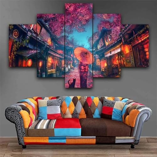 Tableau decoration murale en 5 parties motif fille japonaise en kimono pour salon