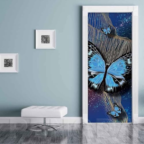 Pegatinas para Puertas de Mariposa Door Stickers 3D Adhesivo Vinilo Pegatina Puerta Azul Murales Póster Decorativas de Pared Mural Papel Pintado 95x215 cm a.4402