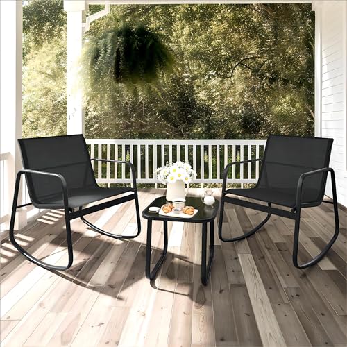 YITAHOME 3 Piece Patio Furniture Set with Rocking Bistro Chairs and Glass Table, Textilene Fabric Small Outdoor Conversation Furniture Set for Backyard, Lawn, Garden, Balcony, Poolside (Black) - Thumbnail 7