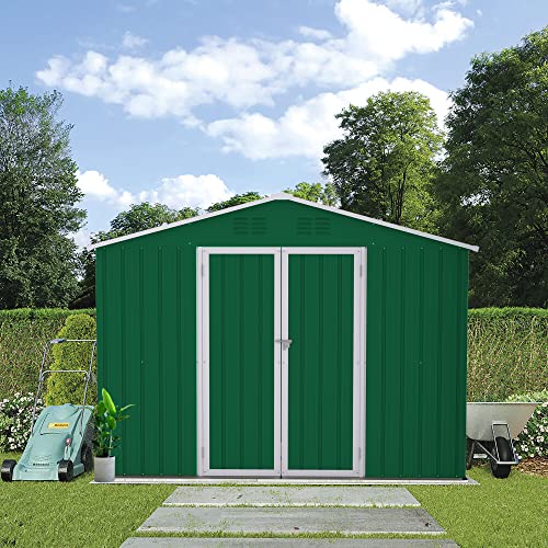 Metall Gerätehaus Gartenhaus Geräteschuppen Garten Schuppen Inkl. Metallfundament (ohne Boden), Metall Gerätehaus mit Pultdach, Geräteschrank für Garten (Grün 8x6)