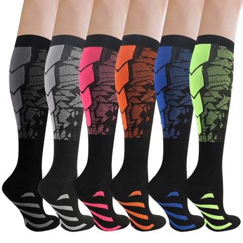 Ecofocet 6 Pares Medias de Compresión Mujer Hombre, 18-25mmHg Calcetines Compresion, Medias de Compresion Varices, Compression Socks para Deporte Running Avion Viaje Ciclismo