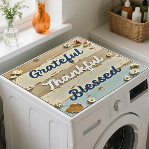 GLOBLELAND Vintage Holzbrett Waschmaschinenauflage 60x60cm Dankbaren Texten Saugfähig Schnelltrocknend Trockner Auflage Weiche und Zuschneidbare Universal Waschmaschinenabdeckung für Waschmaschine