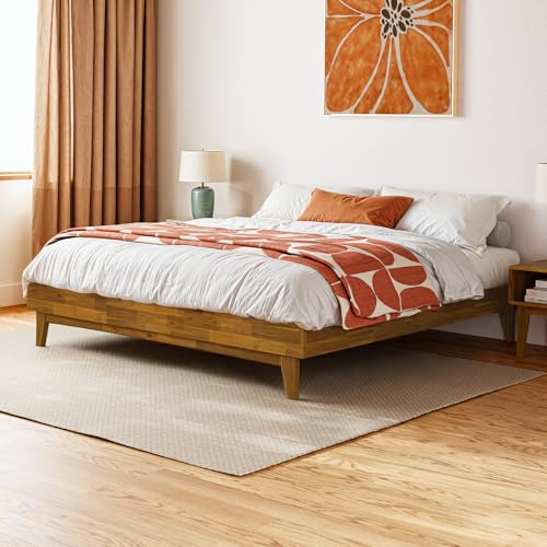 Image of Bme Catherine King Platform Bed Frame, Modern Bed Frame Without Headboard, Wooden Low Profile Bed Frame, Acacia Wood Platform Bed Frame King, No Box Spring Needed, Supports up to 800lbs - Teak Brown