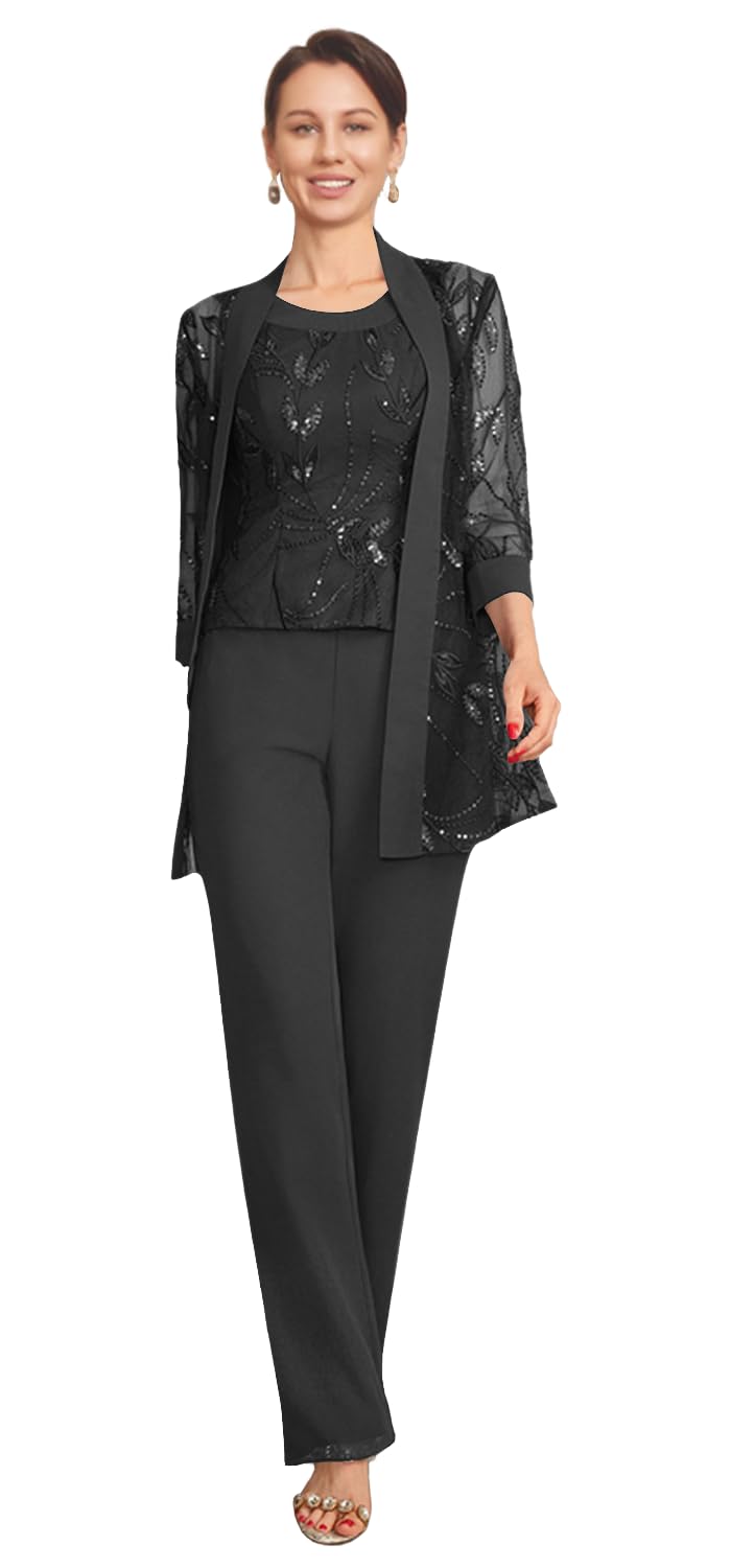Mother of the Bride Pantsuits for Women Laces Sequins Scoop Neck Chiffon 3 Pieces Grandmother of Groom Jumpsuit