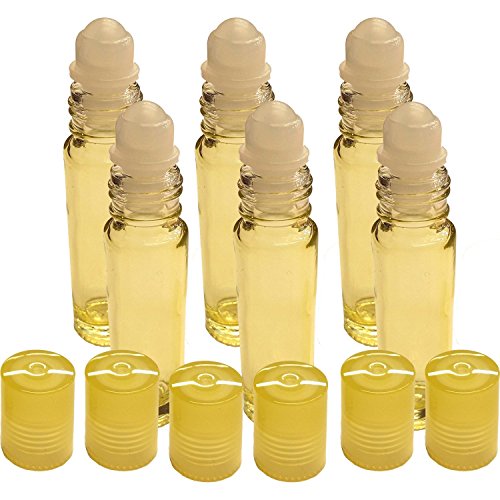 6 Pack of Roll On Empty Glass Bottles for Essential Oils - Refillable Roller Color Roll On - Bulk - 10 ml 1/3 oz Pack of 6- Yellow Color