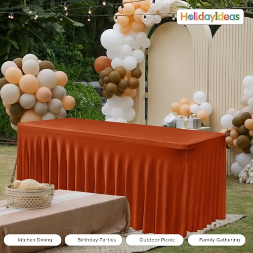 Image of HolidayIdeas 2 Pack Spandex Table Skirts for 6ft Rectangle Tables, Stretch Ruffle Cover for Boho Wedding, Rustic Garden Party, Outdoor Glamping Decor, Rust