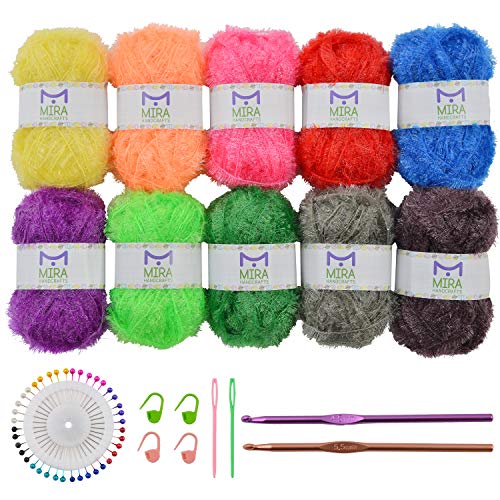 Mira Handcrafts Craft Yarn for Christmas Arts and Crafts Decorations - Ideal for Making Crochet and Knitting Dish Scrubber Too - Sparkling Vivid Colors - Unique Project PDF E-Book Included