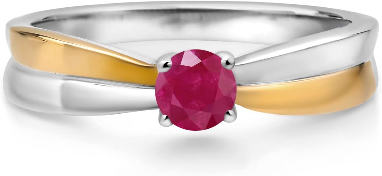 Gem Stone King 925 Sterling Silver and 10K Yellow Gold Red Ruby Solitaire Engagement Ring For Women (0.35 Cttw, Round 4MM, Gemstone Birthstone)