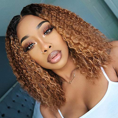 AISI QUEENS Curly Bob Wig Short Ombre Brown Wig for Black Women Kinky Hair Middle Part Heat Resistant Synthetic Hair Wig for Women 14inch