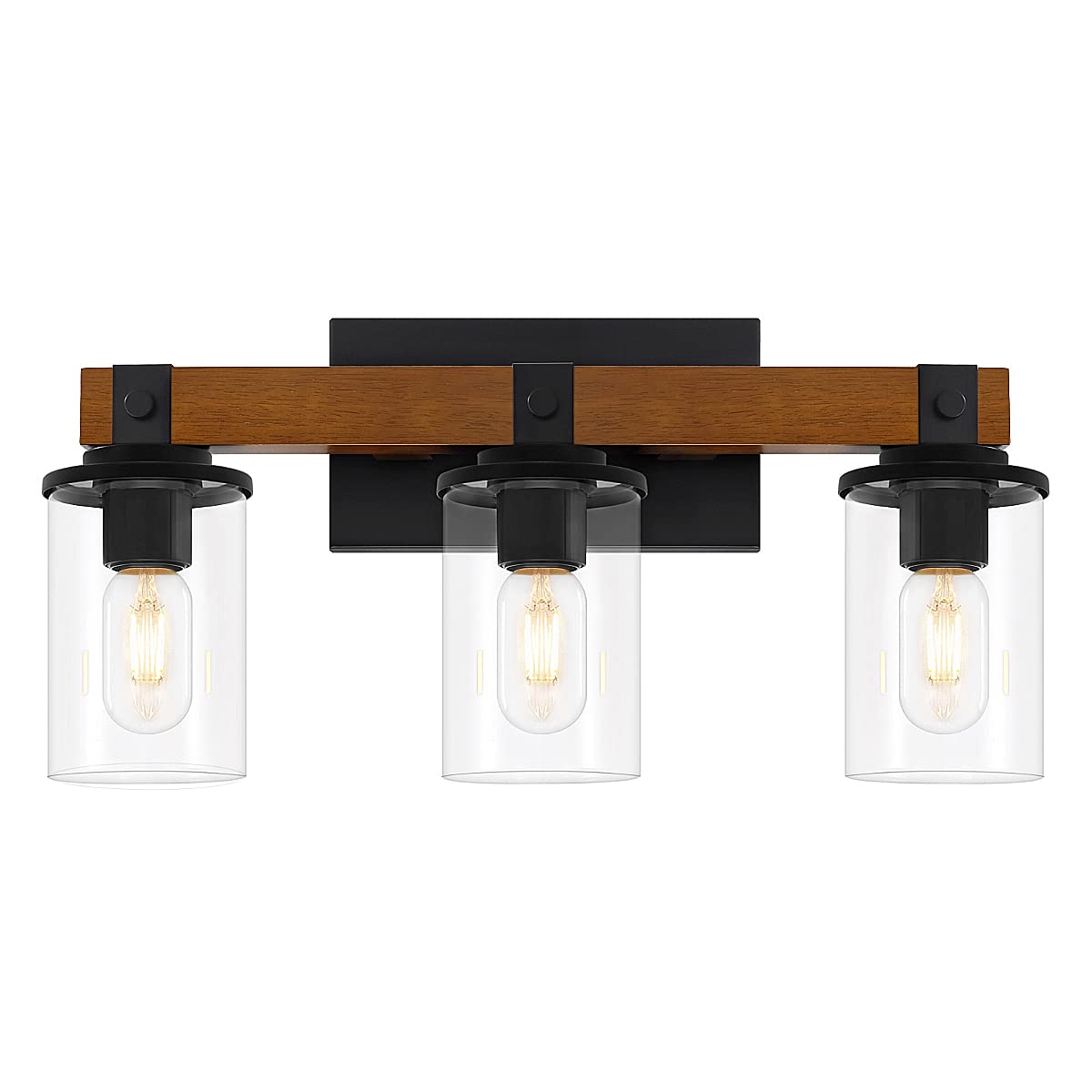 Farmhouse Wood Vanity Light, 3-Light Rustic Bathroom Light Fixtures Over Mirror with Clear Glass Shade, Farmhouse Wall Sconces for Living Room,Dining Room,Hallway