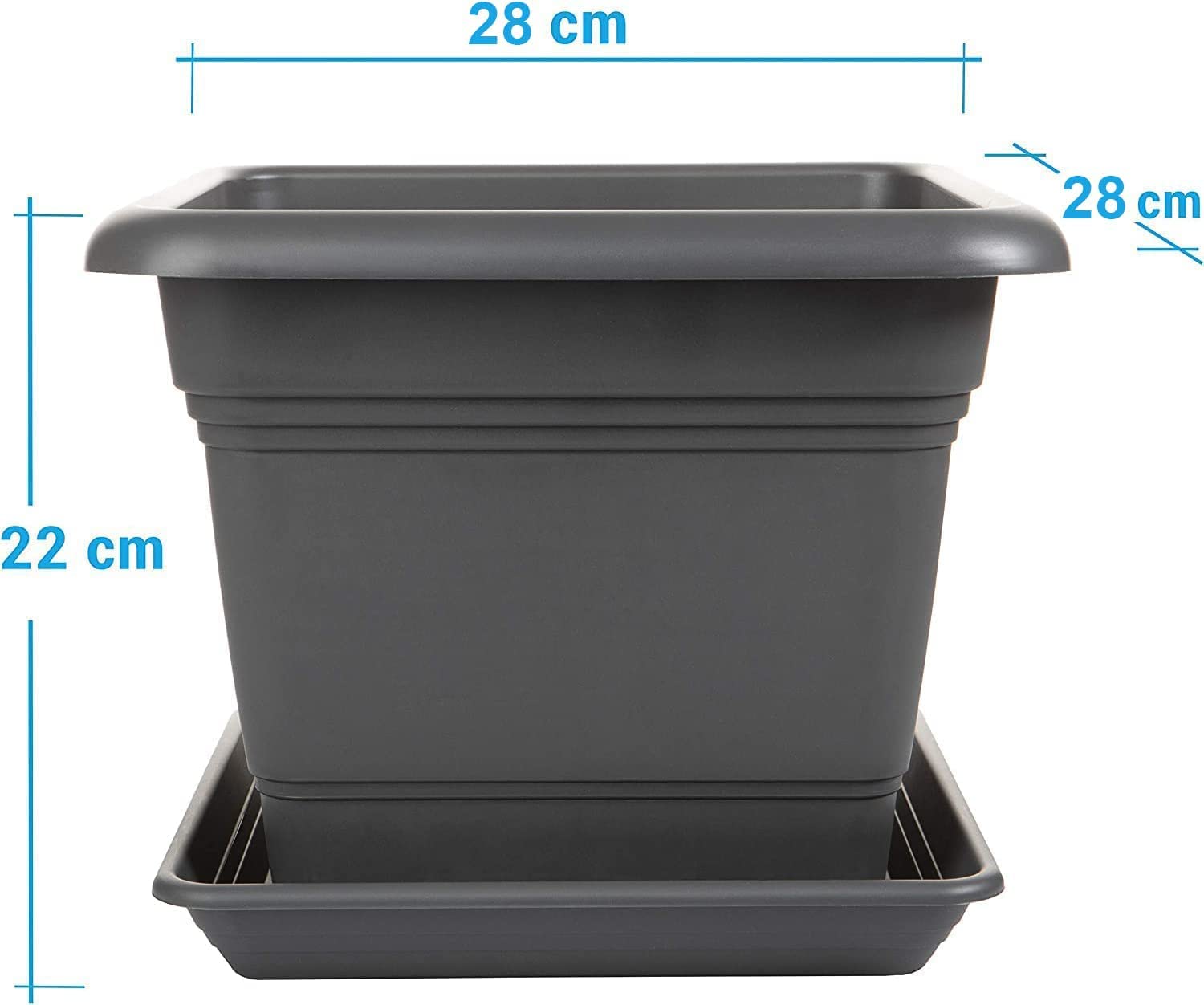 Set di 2 vasi da fiori con fori e sottovaso, misura grande, 28 x 28 cm, per esterni, in plastica, colore: antracite, modello: Finn