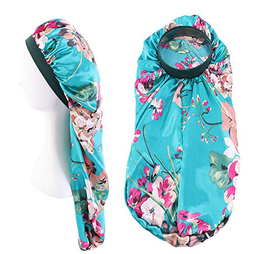 Extra Long Satin Bonnet Sleep Cap Long Bonnet for Braids Hair Loose Cap (Green Flowers)