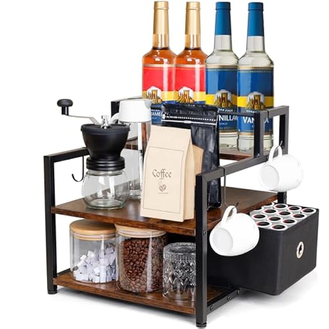 3-Tier Coffee Syrup Organizer (12 Bottles Capacity), Stepped Design Syrup Rack with Fabric Drawer, Liquor Bottle Display Shelf, Bottle Holder for Liquor, Coffee, Spice, Syrup