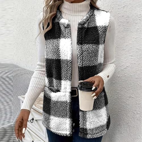 Sherpa Vest Outerwear Women Fuzzy Fleece Plaid Sleeveless Cardigan Winter Fashion Open Front Cute Jacket with Pocket4