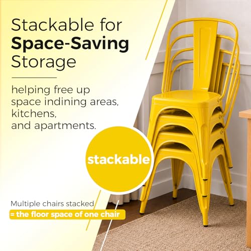 Image of Metal Dining Chairs with Backrest, Stackable, Yellow, 6 Pack | Easy Assembly, Non-Slip Feet, 330 lb Capacity, Kitchen, Restaurant, Cafe, Pub, Covered Patio