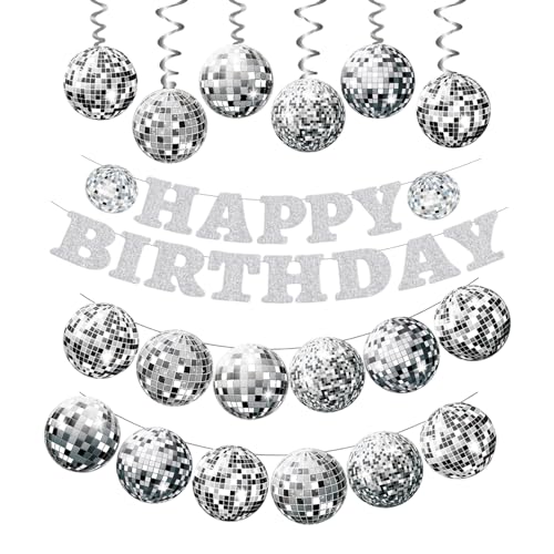 8 Stück Disco Party Deko Geburtstags Girlande Set, 1 Discokugel Banner,1 Silber Happy Birthday Banner & 6 Discokugel Hängende Wirbel, Glitzer Spiralen für Geburtstagsdeko 70er 80er 90er Party
