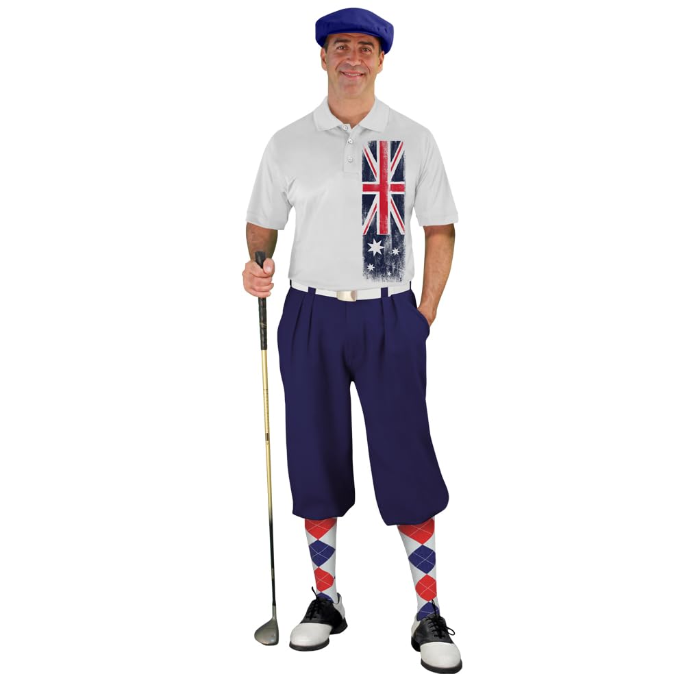 Golf Knickers Australia Homeland Traditional (Plus Fours) Outfit for Men (Navy) - Waist Size 42 - Shirt Size 5X-Large