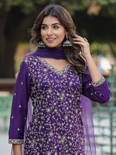 Image of Vaamsi Women's Silk Blend Floral Embroidered Straight Kurta Pant With Dupatta With Cotton Inner