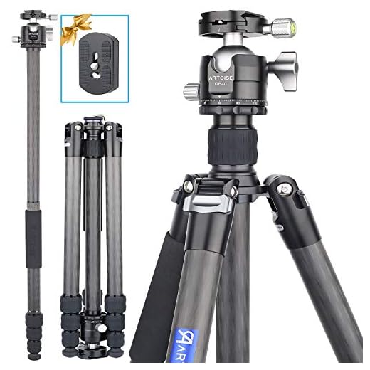 69.7" Carbon Fiber Camera Tripod with Low Profile Ball Head ARTCISE Professional Lightweight Compact Tripod with Two 1/4 inch Quick Shoe Plate for DSLR Camera,Video Camcorder, Max Load 39lbs/18kg