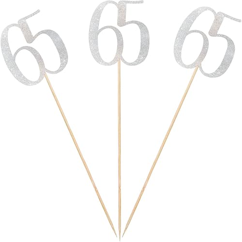 Palitos de centro de mesa de cumpleaños 65 con purpurina plateada, paquete de 12 decoraciones de fiesta de aniversario número 65